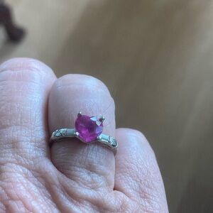 14 k solid white gold  Ring with heart shaped ruby and diamond accents